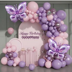 💜Elegant Purple and Pink Balloon Arch with Butterfly Accents 126 pieces